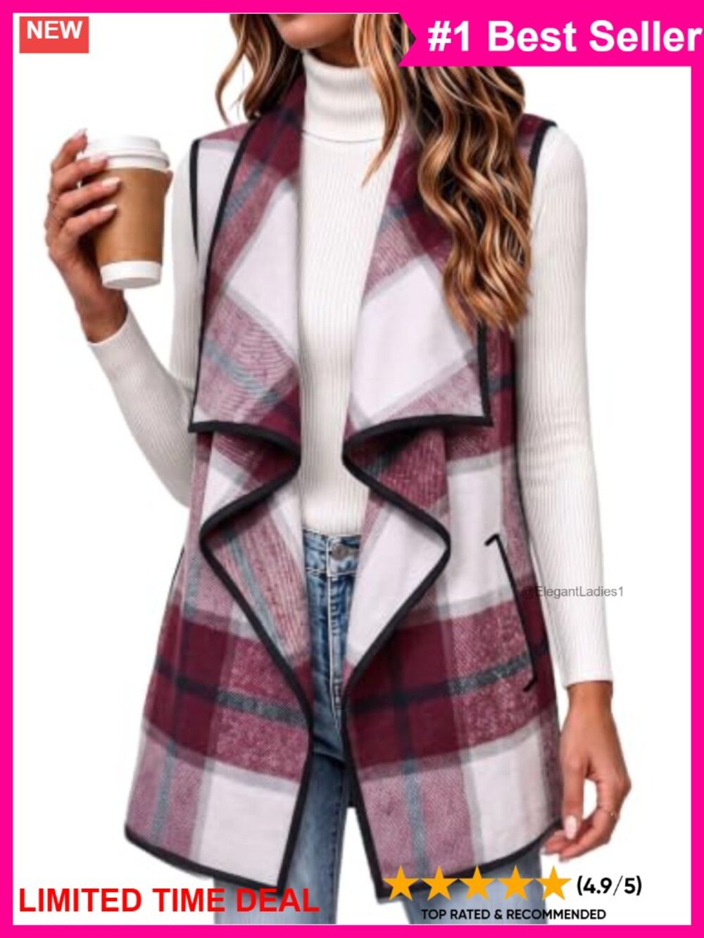Sleeveless Plaid Flannel Vest Long Open-Front Layer with Pockets